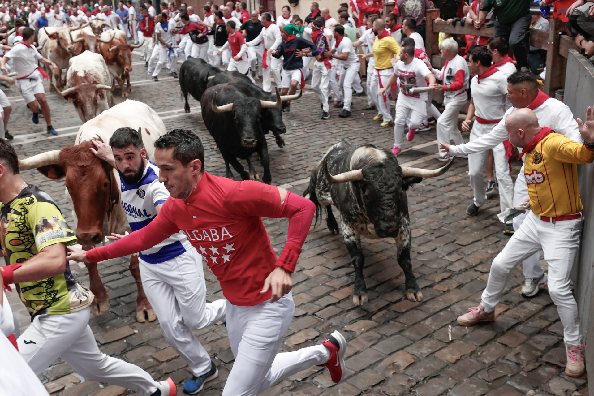 Mozos son perseguidos por toros de Victoriano del Río en el tercer encierro de los Sanfermines este martes, en Pamplona. EFE/Jesús Diges
