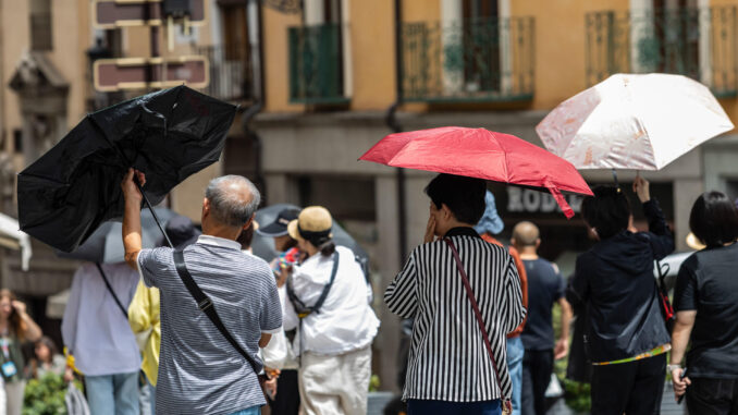 Varios turistas se protegen del sol, este jueves en Toledo. EFE/Ángeles Visdómine
