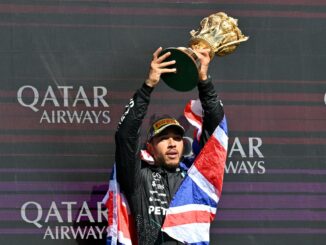 El séptuple campeón del mundo inglés Lewis Hamilton (Mercedes) celebra la victoria con su equipo en Silverstone, Reino Unido. EFE/EPA/PETER POWELL