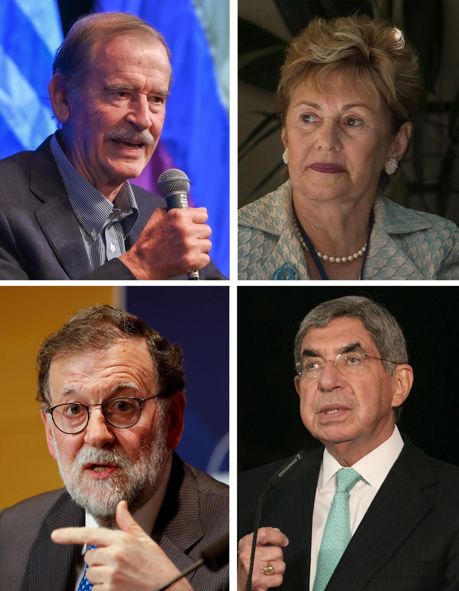 Combo de fotografías del expresidente de México Vicente Fox (arriba-i); la expresidenta de Panamá Mireya Moscoso; el expresidente del Gobierno de España Mariano Rajoy (abajo-i), y el expresidente de Costa Rica Oscar Arias Sánchez. EFE/ARCHIVO
