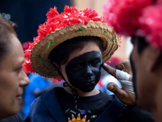 Un niño disfrazado participa del tradicional baile de Los Chinegros, en honor a Santa Ana, este viernes en Nindirí (Nicaragua). EFE/STR