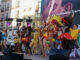 Bailarines colombianos, país invitado en esta edición, durante el pregón de las Fiestas del Orgullo LGTBIQ+, este miércoles en la Plaza Pedro Zerolo de Madrid. EFE/ J.P.Gandul