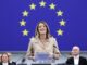 Roberta Metsola pronuncia una declaración tras ser reelegida Presidenta del Parlamento Europeo durante una sesión plenaria del parlamento en Estrasburgo, Francia, el 16 de julio de 2024. La primera sesión del nuevo Parlamento Europeo se inauguró el 16 de julio y los eurodiputados eligieron a su presidente para los próximos dos años y medio. (Francia, Estrasburgo) EFE/EPA/RONALD WITTEK