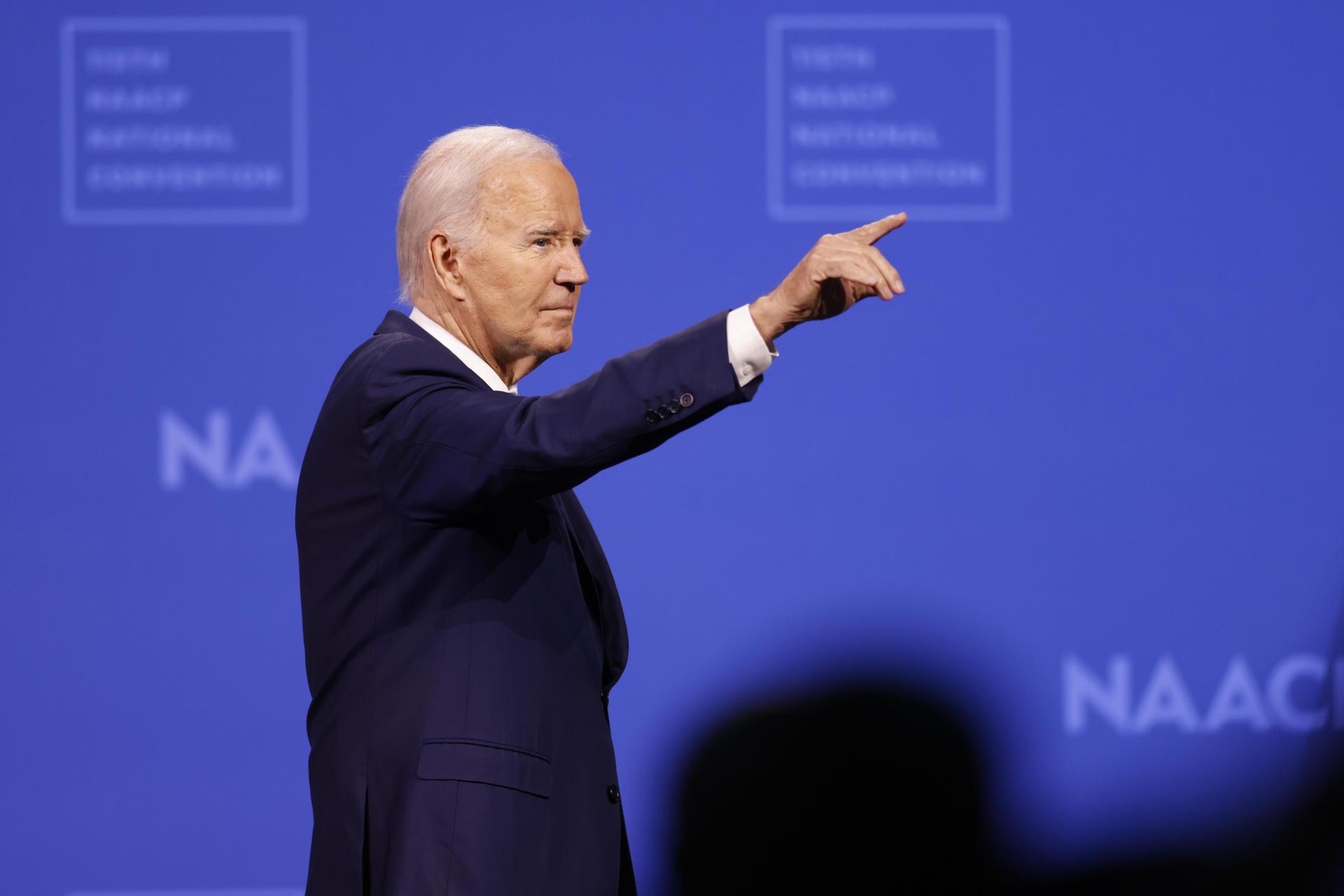 El presidente estadounidense, Joe Biden, participa en la 115ª Convención Nacional de la NAACP en Las Vegas, Nevada, EE.UU., este 16 de julio de 2024. EFE/EPA/Caroline Brehman
