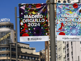 MADRID, 24/06/2024.- Carteles del Orgullo 2024 del Ayuntamiento de Madrid, en la calle Gran Vía, de Madrid. EFE/ Chema Moya