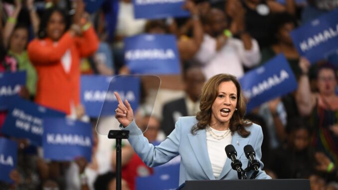 Fotografía de archivo de la vicepresidenta de Estados Unidos y candidata demócrata, Kamala Harris, durante un mitin de campaña en el Centro de Convocatoria del Estado de Georgia en Atlanta, Georgia, EE.UU., el 30 de julio de 2024.. EFE/EPA/Edward M. Pio Roda
