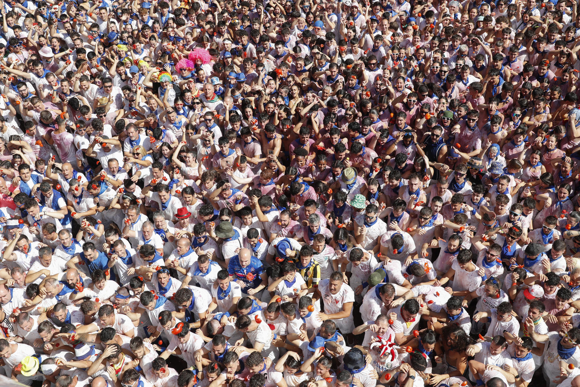 Miles de personas acuden a la tradicional fiesta del Cipotegato, este martes en Tarazona. El cipotegato, encarnado en esta edición de 2024 por un vecino que participaba en el sorteo desde hace 25 años, volverá a recorrer este martes las calles de Tarazona (Zaragoza), que quedarán teñidas por el rojo de los tomates que los turiasonenses lanzarán al tradicional arlequín durante su carrera. EFE/ Javier Belver
