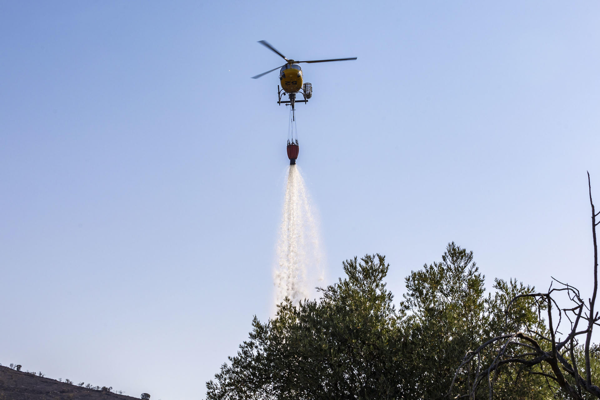 Los equipos que trabajan en el incendio forestal activo desde el martes en La Estrella (Toledo), han conseguido estabilizarlo, lo que ha permitido que se baje a nivel 0 de operatividad, al no presentar frentes activos que hagan avanzar el fuego. EFE/ Ángeles Visdómine
