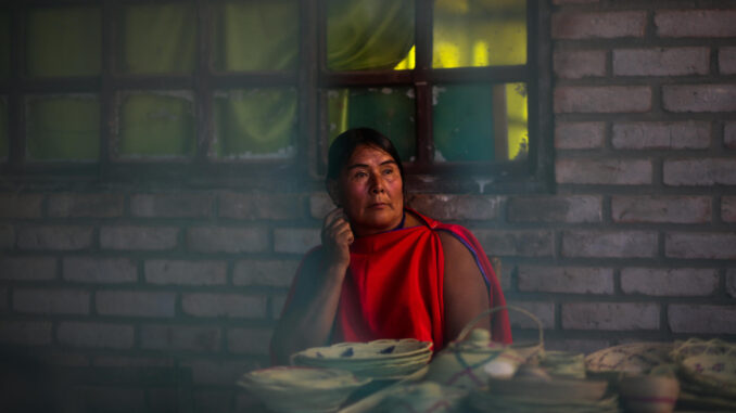 Una mujer guaraní posa junto a unos productos, en Karatindi (Bolivia). EFE/Luis Gandarillas
