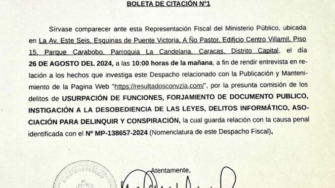 Fotografía cedida por el Ministerio Público de Venezuela donde se observa la boleta de citación dirigida al abanderado de la mayor coalición opositora de Venezuela, Edmundo González Urrutia, por parte del Ministerio Público, en Caracas (Venezuela). EFE/ Ministerio Público de Venezuela
