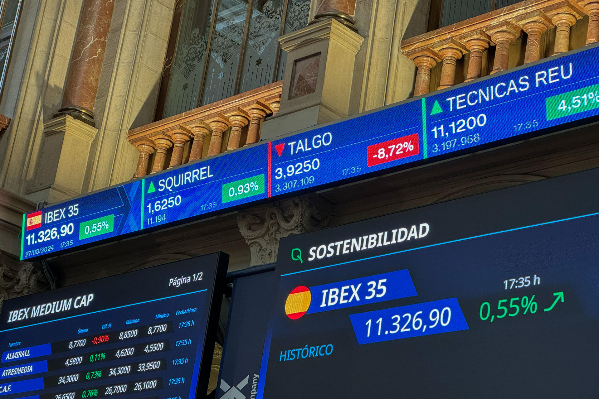 La Bolsa española regresó a niveles de junio pasado al superar la cota de 11.300 puntos con una subida del 0,55 % este martes, aunque Wall Street continúa con dudas tras la mejora de la confianza de los consumidores estadounidenses, según datos del mercado. EFE/ Ana Bornay
