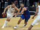 El base del Real Madrid, Sergio Rodríguez (i), con el balón ante el base argentino del Barça Nico Laprovitola, durante el partido de semifinales de la pasada Supercopa ACB, que se disputó en el Palacio de los Deportes de Murcia. EFE/Marcial Guillén.