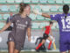 La centrocampista francesa del Real Madrid Sandie Toletti celebra tras marcar el 0-3 durante el encuentro de Primera División femenina entre Real Betis Balompié y Real Madrid, este sábado en la Ciudad Deportiva Luis de Sol de Sevilla. EFE/ José Manuel Vidal