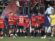 El centrocampista de Osasuna Aimar Oroz (3i), celebra su gol contra Las Palmas, durante el partido de la jornada 6 de LaLiga en el estadio El Sadar este sábado.-EFE/ Jesús Diges