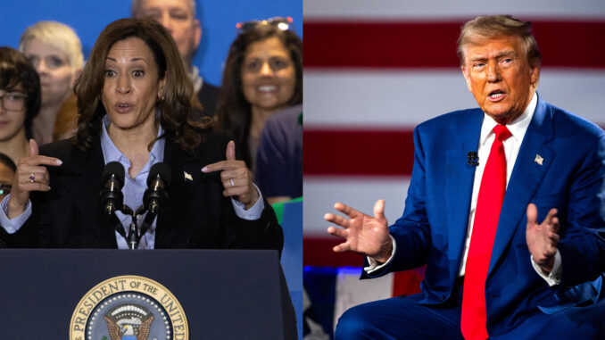 Combo de dos fotografías de la vicepresidenta estadounidense y candidata demócrata a la Casa Blanca, Kamala Harris (i), y su rival republicano, el expresidente Donald. Harris y Trump (2017-2021) ultiman este lunes la preparación del debate electoral del martes, que será para ambos su primer cara a cara personal y político. EFE/ Rebecca Droke / Jim Lo Scalzo
