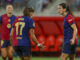 La centrocampisa  del FC Barcelona, Aitana Bonmati (d) celebra su gol con su compañera, Ewa Pajor, durante el encuentro correspondiente a la tercera jornada de primera división que disputaron en la capital andaluza. EFE/José Manuel Vidal