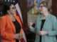 Fotografía de archivo del 29 de junio de 2022 de la presidenta de Honduras, Xiomara Castro (i), hablando con la embajadora de Estados Unidos en Honduras, Laura Dogu. EFE/ Gustavo Amador