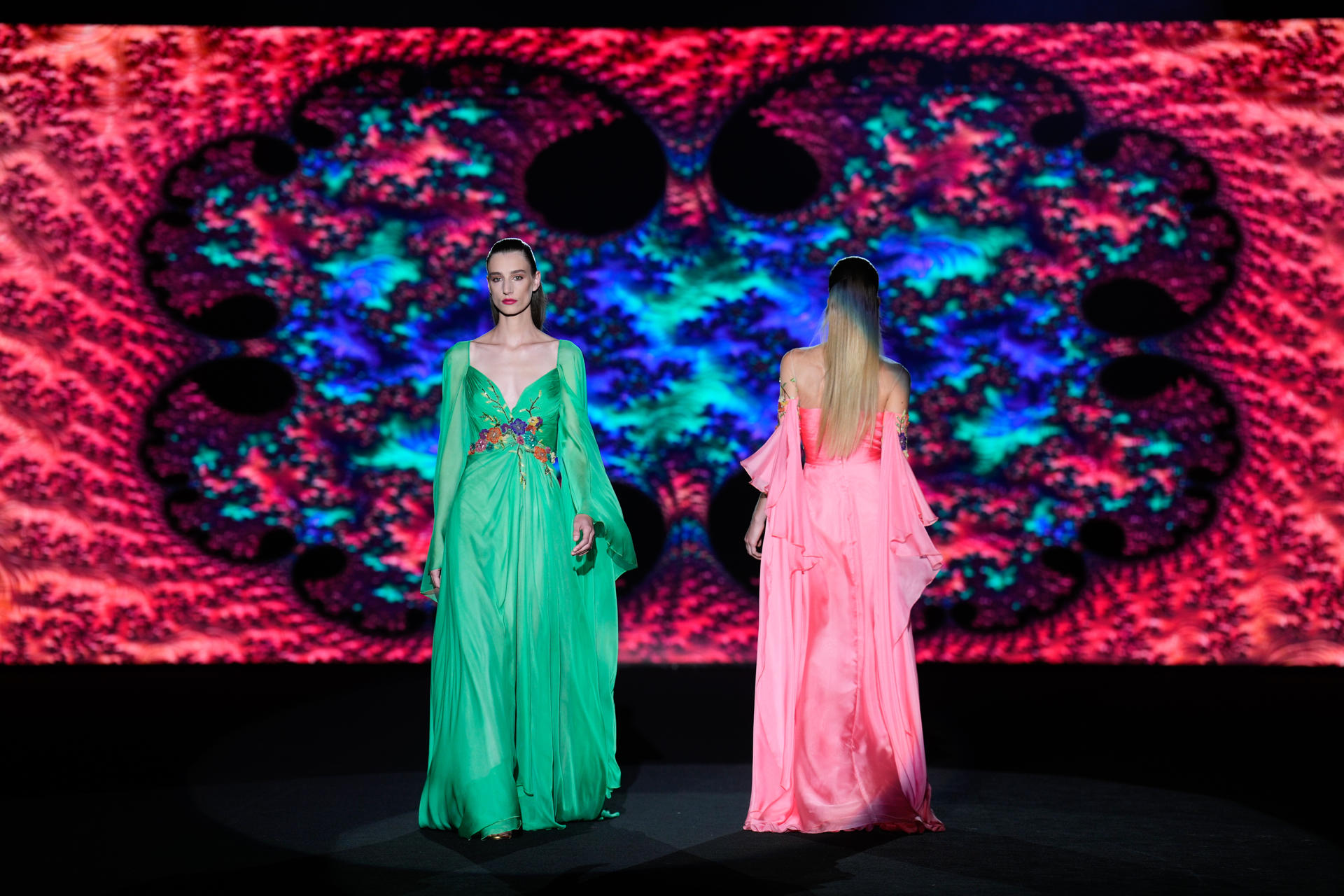 Models take the catwalk with creations by Hannibal Laguna firm during a fashion parade held in the framework of Mercedes-Benz Fashion Week Madrid, Spain, 13 September 2024. The event runs until 16 September. EFE/Borja Sanchez-Trillo
