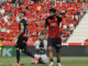 El portero del RCD Mallorca, Dominik Greif (c), se lamenta tras encajar el 1-2 durante el encuentro que se disputó en el estadio de Son Moix . EFE/Cati Cladera