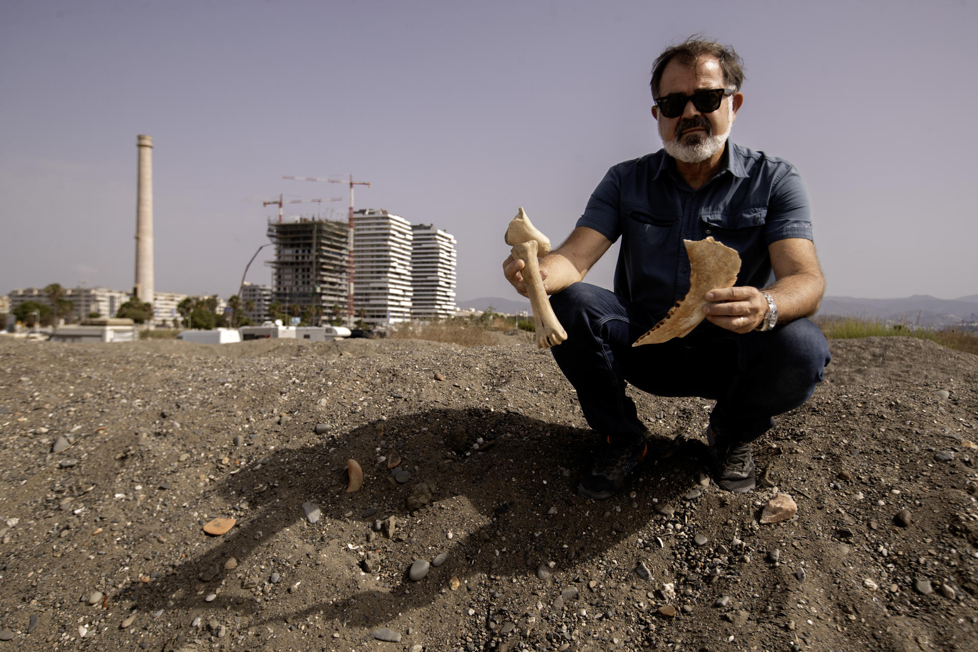 El fotógrafo Juan María Álvarez, sobre una duna de la playa Sacaba, muestra unos restos óseos de animales del período Holoceno. Piedras talladas del Paleolítico, como puntas musterienses, raederas o denticulados, además de moluscos y restos óseos de animales del período Holoceno, son algunos de los cientos de vestigios prehistóricos que un vecino de Málaga ha hallado casualmente en unos montículos de arena depositada en la playa Sacaba. EFE/Jorge Zapata.
