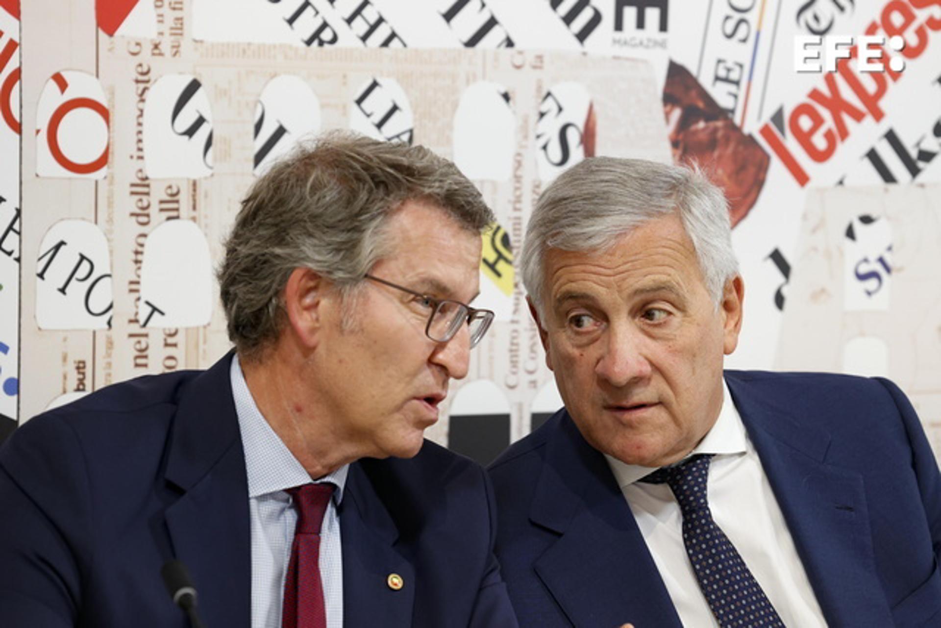 El ministro de Asuntos Exteriores y viceprimer ministro italiano, Antonio Tajani (d), y el presidente del Partido Popular español, Alberto Núñez Feijoo (i), durante una conferencia de prensa en la Asociación de Prensa Extranjera en Roma, Italia, el 19 de septiembre de 2024. (Italia, España, Roma) EFE/EPA/FABIO FRUSTAC
