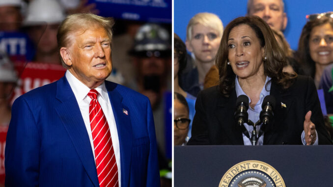 Combo de dos fotografías donde se ven el expresidente de los Estados Unidos y candidato presidencial, Donald Trump, y la vicepresidenta de los Estados Unidos y candidata presidencial, Kamala Harris. EFE/ Jim Lo Scalzo/ Rebecca Droke
