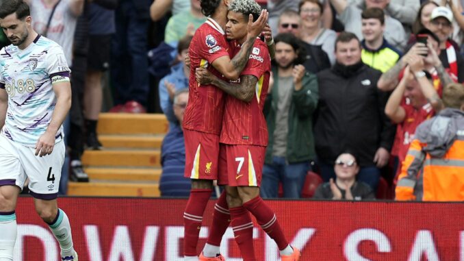 El delantero Luis Diaz, del Liverpool, celebra el 2-0 durante el partido de la Premier League que han jugado Liverpool y AFC Bournemouth en Liverpool, Reino Unido. EFE/EPA/TIM KEETON
