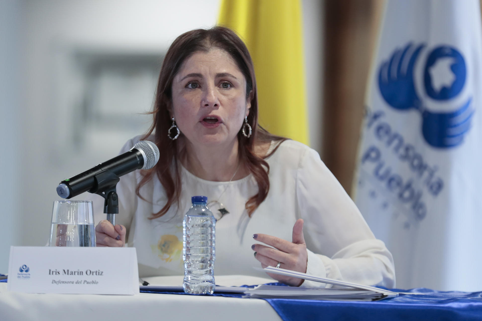 La defensora del pueblo, Iris Marín, habla durante una rueda de prensa este lunes, en Bogotá (Colombia). Marín priorizará la violencia de género y la discriminación contra las mujeres como uno de los principales ejes de su agenda, que desarrollará durante cuatro años de gestión. EFE/ Carlos Ortega
