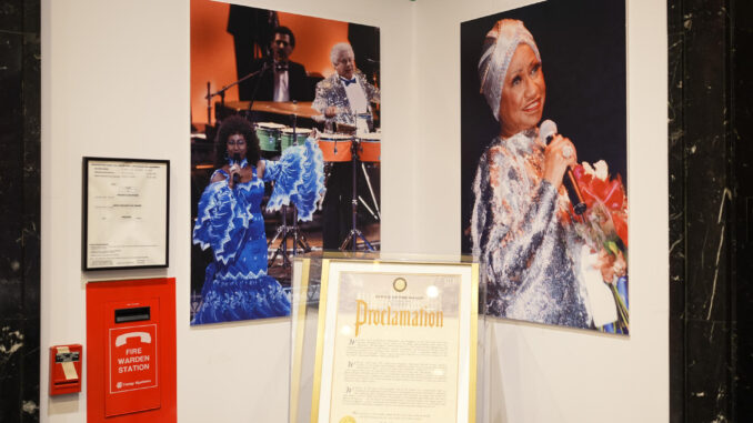 Fotografía cedida de un espacio dedicado a la reina de la salsa, la cubana Celia Cruz, en la exposición 'Los Latin Grammys: 25 años de excelencia musical'. EFE/The Paley Center for Media
