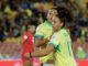 Amanda Allen (i) y Dudinha de Brasil celebran un gol en un partido del grupo B de la Copa Mundial Femenina sub-20. EFE/ Mauricio Dueñas Castañeda