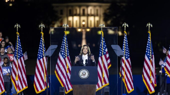 La vicepresidenta de EE.UU. y actual nominada presidencial demócrata, Kamala Harris, habla durante su mitin de 'argumentos finales' en la Elipse en Washington, DC, Estados Unidos, el 29 de octubre de 2024. EFE/JIM LO SCALZO
