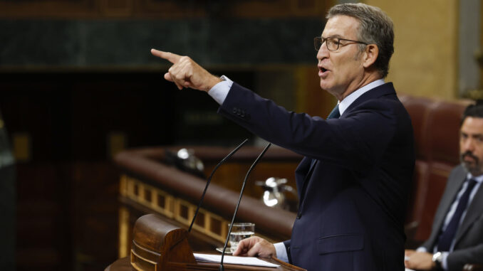 El presidente del PP, Alberto Núñez Feijóo interviene este miércoles en el Congreso. EFE/ J.J. Guillén
