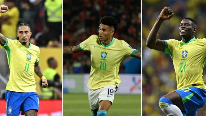 Combo de fotografías donde aparecen los jugadores de la selección brasileña de fútbol Raphinha (i) Igor Jesus (c) y Luiz Henrique. EFE/ Andre Borges / Elvis González
