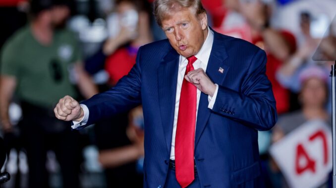 El expresidente estadounidense y candidato presidencial republicano Donald Trump reacciona al concluir un mitin de campaña en Greensboro, Carolina del Norte, EE.UU., el 22 de octubre de 2024. EFE/ERIK S. MENOR
