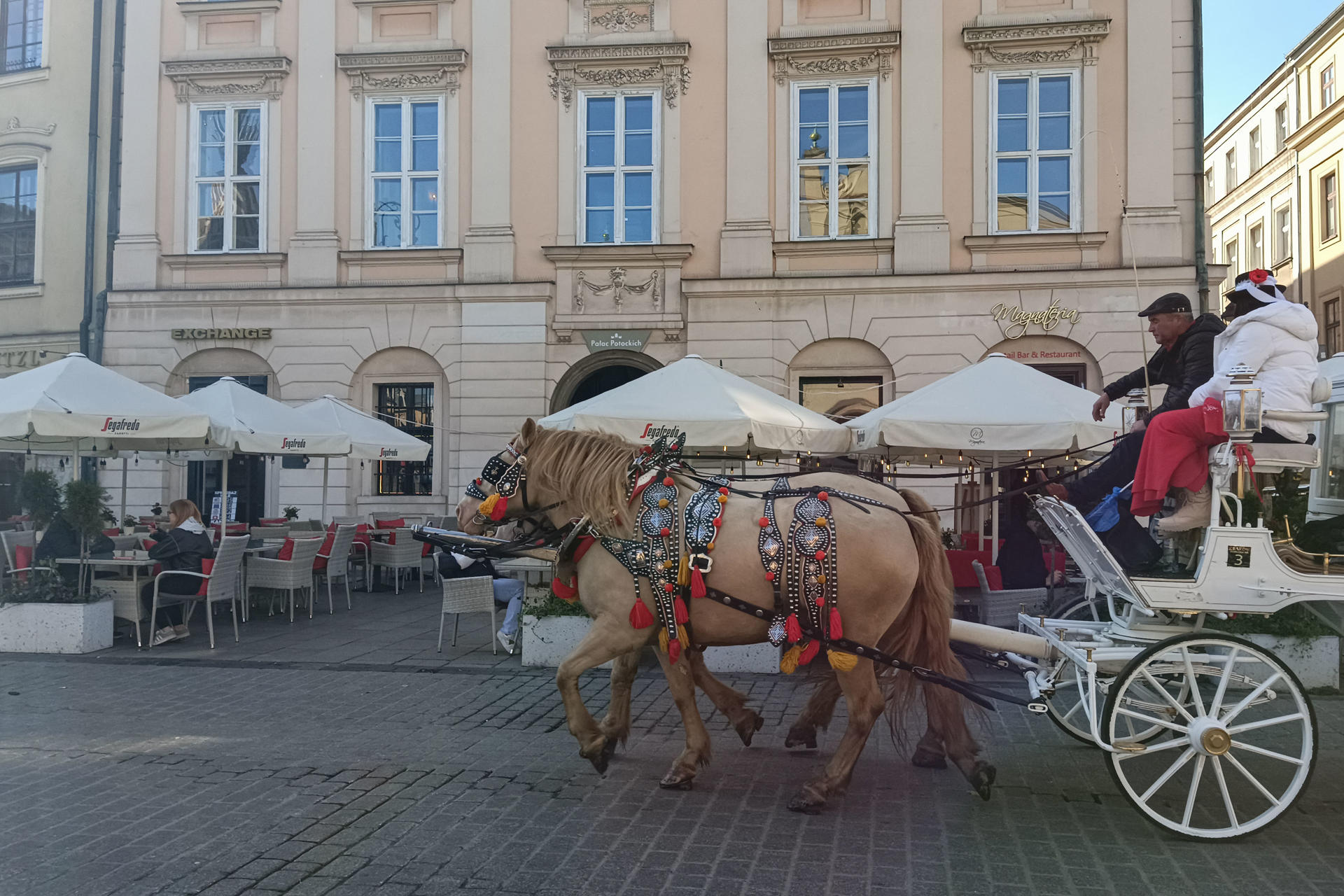 -La ciudad polaca de Cracovia celebra el Festival Literario Conrad, en el que se espera más de 800 autores, entre ellos Olga Tokarczuk, Szczepan Twardoch y Karl Ove Knausgard y que tiene lugar bajo el lema "quitaos la máscara y sed personas normales. En la imagen, una carroza de caballos pasa por la fachada del Palacio Potocki, en el centro de Cracovia. EFE/ Miguel Ángel Gayo Macías
