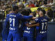 Los jugadores del Getafe celebran el 1-1, durante el partido de la décima jornada de LaLiga EA Sports que Villarreal CF y Getafe CF disputan este domingo en el estadio de la Cerámica. EFE/Andreu Esteban