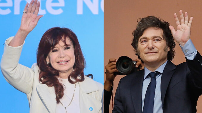 Combo de fotografías de archivo que muestra a la expresidenta de Argentina Cristina Fernández (2007-2015) (i) y al actual gobernante del país, Javier Milei. EFE/ARCHIVO
