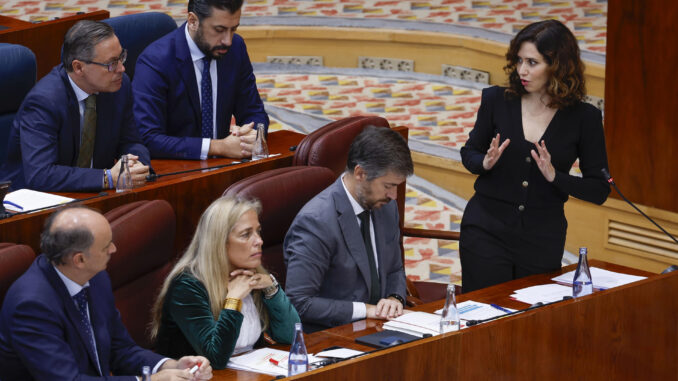 MADRID, 07/11/2024.- La presidenta de la Comunidad de Madrid, Isabel Díaz Ayuso interviene en el pleno de la Asamblea de Madrid celebrado este jueves. EFE/Javier Lizón
