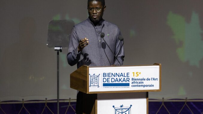 President of Senegal Bassirou Diomaye Faye speaks during the opening ceremony of the 15th Biennale of Contemporary African Art in Dakar, Senegal, 07 November 2024. The Biennale is the biggest contemporary art fair in West Africa and opens to the public from 08 November to 07 December. This edition'Äôs theme is 'The Wake, L'ÄôEveil, Call Wi' and features over 50 local and international artists. EFE/EPA/JEROME FAVRE
