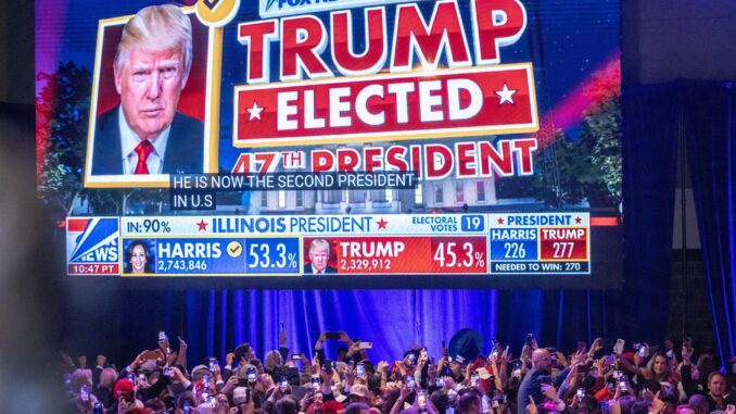 Los seguidores del candidato presidencial estadounidense por el partido republicano Donald Trump siguen los resultados electorales en el centro de Convenciones de Palm Beach en Florida, Estados Unidos. EFE/ Cristobal Herrera-Ulashkevich
