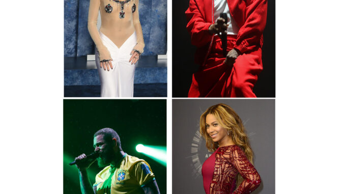 Combo de fotografías de archivo que muestra a los cantantes Sabrina Carpenter (arriba-i), Kendrick Lamar (arriba-d), Post Malone (abajo-i) y Beyoncé (abajo-d). Beyoncé lidera la lista de los nominados a la 67 edición de los Grammy con 11 menciones, seguida de Charli XCX, Billie Eilish, Kendrick Lamar y Post Malone, con siete nominaciones. EFE/ARCHIVO
