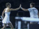 Las tenistas eslovacas Viktoria Hruncakova (i) y Tereza Mihalikova (d), durante el partido de dobles de la eliminatoria de semifinales contra Gran Bretaña, de las finales de la Copa Billie Jean King femenina de tenis este martes en Málaga. EFE/Daniel Pérez