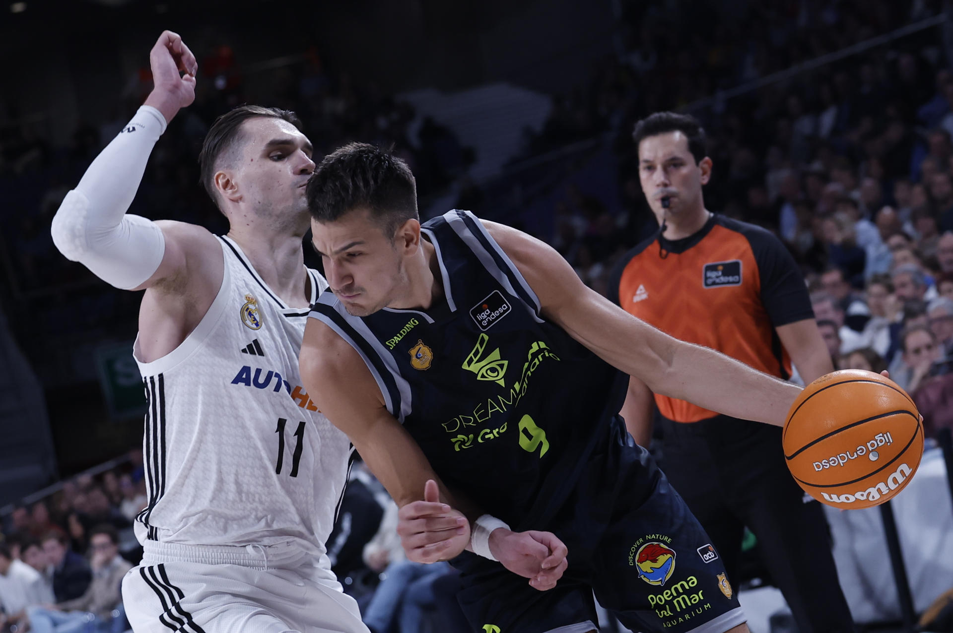 -El jugador del Real Madrid M. Henzonja, y N. brussino, del Dreamland Gran Canaria, este domingo durante el partido de la jornada 7 de la Liga Endesa de baloncesto en Madrid.-EFE/ Javier Lizón
