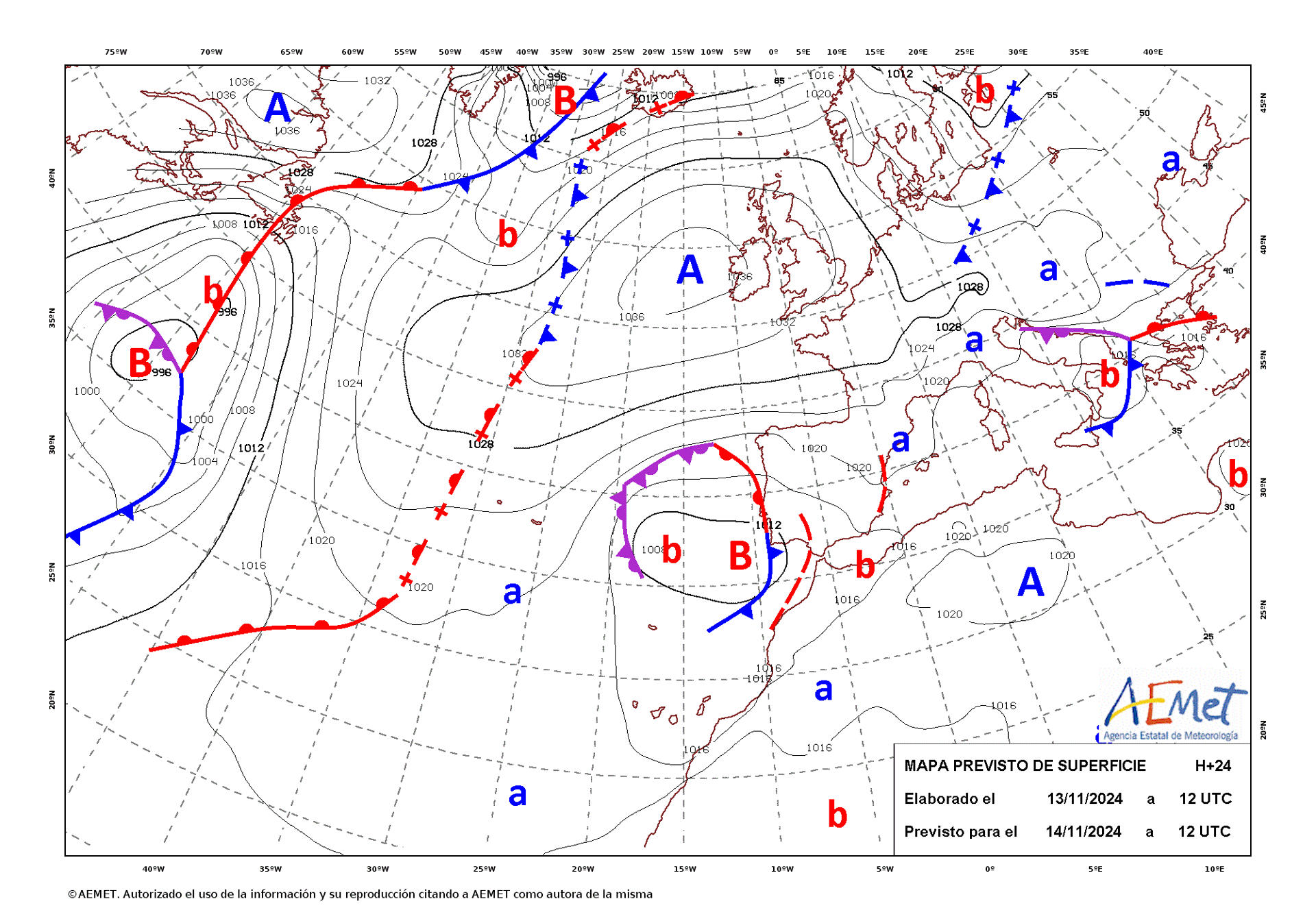 Mapa de isobaras facilitado por la Aemet previsto para el 14/11/2024. EFE *****SOLO USO EDITORIAL/SOLO DISPONIBLE PARA ILUSTRAR LA NOTICIA QUE ACOMPAÑA (CRÉDITO OBLIGATORIO) *****
