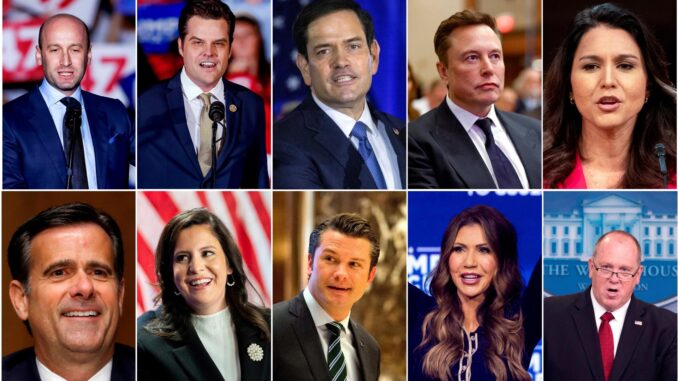 Composición de diez fotografías de archivo donde aparecen algunos miembros del nuevo equipo de Donald Trump, de izquierda a derecha (arriba) Stephen Miller, subdirector de política de la Casa Blanca, Matt Gaetz, fiscal general, Marco Rubio, secretario de Estado, Elon Musk, director de eficiencia gubernamental, Tulsi Gabbard, directora de Inteligencia Nacional, de izquierda a derecha (abajo) John Ratcliffe, director de la CIA, Elise Stefanik, embajadora ante la ONU, Pete Hegseth, jefe del Pentágono, Kristi Noem, secretaria de Seguridad Nacional, y Thomas Homan, zar de la frontera. EFE/ARCHIVO
