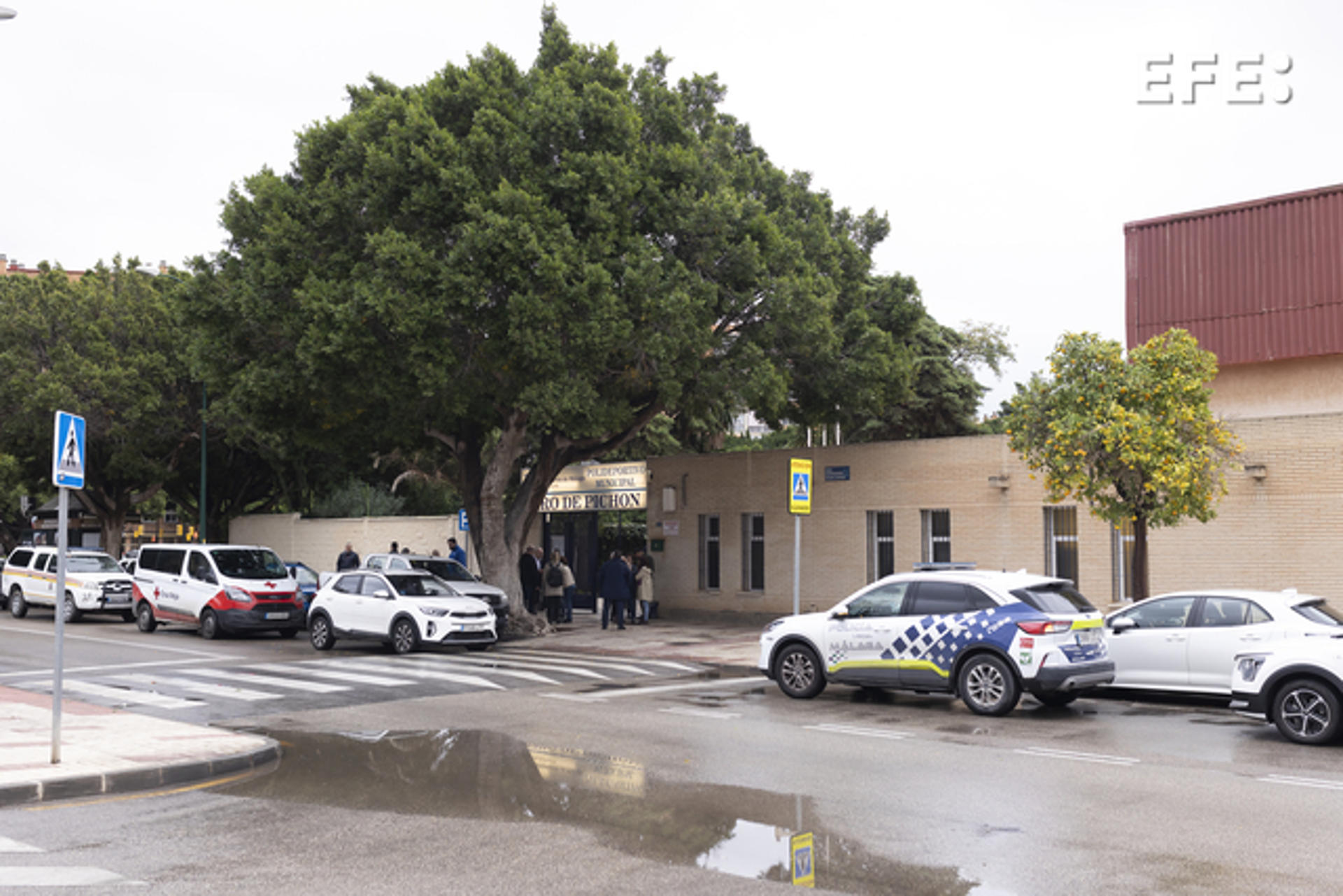 Polideportivo municipal Tiro de Pichón en Málaga donde han pasado la noche algunos vecinos del barrio de Santa Águeda en Campanillas al ser desalojados de sus viviendas por el Ayuntamiento malagueño. EFE/Carlos Díaz
