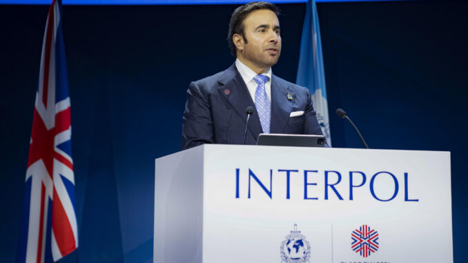 - El presidente de la Interpol, Ahmed Nasser Al Raisi durante su discurso en la ceremonia de clausura de la 92 Asamblea General de la Interpol en Glasgow. EFE/INTERPOL SOLOO USO EDITORIAL/SOLO DISPONIBLE PARA ILUSTRAR LA NOTICIA QUE ACOMPAÑA (CRÉDITO OBLIGATORIO)
