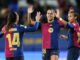 (izda a dcha) Las jugadora del Barcelona Aitana Bonmatí, Kika y Vicky celebran uno de los goles del equipo durante el partido de Liga de Campeones femenina ante el St Polten, disputado este martes. EFE/ Enric Fontcuberta.