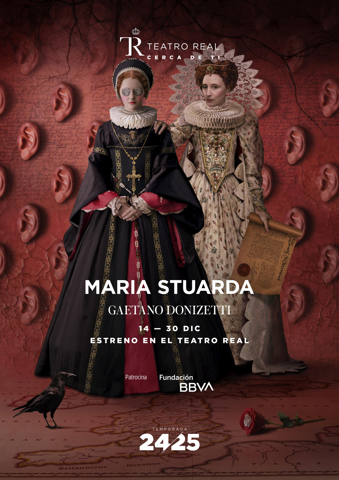 El Teatro Real acoge entre el 14 y el 30 de diciembre el estreno mundial de una nueva producción de la ópera 'Maria Stuarda', del belcantista Gaetano Donizzeti, un "duelo de reinas" con la soprano Lisette Oropesa como monarca católica y la mezzosoprano Aigul Akhmetshina en el papel de la protestante Elisabetta. Cartel de la ópera. Cedido por el Teatro Real.
