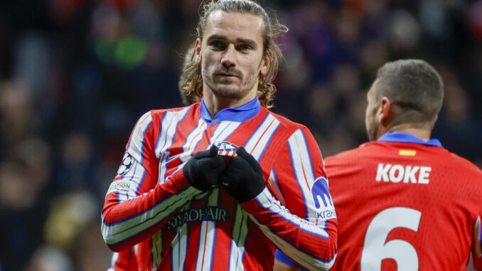 El delantero francés del Atlético de Madrid, Antoine Griezmann, celebra el tercer gol del equipo rojiblanco durante el encuentro correspondiente a la fase regular de la Liga de Campeones que disputaron Atlético de Madrid y Sl. Bratislava en el estadio Metropolitano, en Madrid. EFE / Juanjo Martín.
